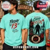 Teal unisex t-shirt featuring Friday the 13th graphic prints, Jason Voorhees, Camp Crystal Lake signs, and lifebuoy icon.!