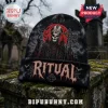 Ghost Band Halloween Beanie Hat 2026 featuring a black knit design with Papa Emeritus, red moon, and RITUAL text.