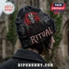 Ghost Band Halloween Beanie Hat 2026 featuring Papa Emeritus graphic, red moon, and the word Ritual in black and grey.