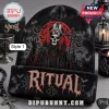 Ghost Band Halloween Beanie Hat 2026 featuring Papa Emeritus, a red moon, bats, and RITUAL text on black knit fabric.