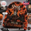 Ghost Band Halloween Beanie Hat 2026 featuring Papa Emeritus, ravens, tombstones, and Call Me Little Sunshine text in orange.