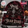 Ghost Band Halloween Beanie Hat 2026 in deep maroon featuring Papa Emeritus, flaming candles, pumpkins, and Year Zero text.