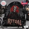 Ghost Halloween Beanie Hat 2026 features a gothic cardinal figure, red moon, and RITUAL text against a black fabric background.