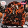 Ghost Halloween Beanie Hat 2026 featuring Papa Emeritus, ravens, tombstones, and Call Me Little Sunshine text in orange.