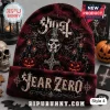 Ghost Halloween Beanie Hat 2026 in dark red with Papa Emeritus print, burning candles, pumpkins, and Year Zero text.