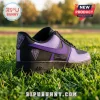 Custom Golden State Valkyries leather sneaker in black and purple with personalized name script on a grass background.!