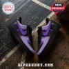 Custom black and purple low-top sneakers on a wooden basketball court background with Bipu Bunny logo branding.!