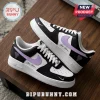 Custom Nike Air Force 1 sneakers in black, white, and lavender with personalized name text on wooden surface.!