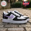 Custom black and white sneakers with lavender swoosh, Golden State Valkyries logo, and Your Name text on stone pavement.!