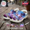 White foam clogs featuring GTA VI Vice City graphics, palm trees, neon aesthetic, and attached Rockstar game logo charms.!
