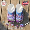 Grand Theft Auto Vice City themed foam clogs with palm tree graphics, game logos, and money charms on a wooden surface.!
