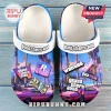 Grand Theft Auto themed clogs with Vice City palm tree graphics, pink car, cash stack, and white heel straps.!