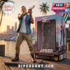 Jason vinyl collectible figure from Grand Theft Auto VI holding a handgun standing on a wooden pier by the ocean.!