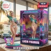 Lucia Grand Theft Auto VI resin figurine in a neon-themed collector display box featuring palm trees and city skyline art.!