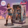 Lucia Grand Theft Auto VI vinyl collectible figure with a grey briefcase, pistol, and circular Vice City branded base.!