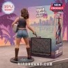 Grand Theft Auto VI female protagonist figure standing on a circular Vice City logo base next to its retail packaging box.!