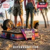 Grand Theft Auto VI character figurine set on a beach base with palm trees, fire effects, and a stylized VI logo.!