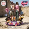 Grand Theft Auto VI character resin statue featuring a man and woman in gas masks standing on a neon-trimmed pedestal.!