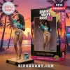 Grand Theft Auto VI female character figure wearing a teal crop top and white bikini on a sandy beach base with box.!