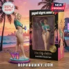 Grand Theft Auto VI female character figure in teal shirt and bikini with packaging box on wooden surface.!