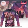Grand Theft Auto VI themed pullover hoodie with purple and orange sunset graphics, character cast, and Vice City skyline.!