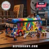 Grateful Dead themed plastic building block bus with rainbow roof, dancing bear decals, and four band member minifigures.!