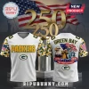 Green Bay Packers 250th USA Anniversary Football Jersey featuring eagle, Liberty Bell, and American flag graphics.