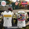 Green Bay Packers 250th USA Anniversary Football Jersey featuring white base, gold camo sleeves, and eagle-bell graphics.