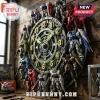 Gundam themed wall clock featuring multiple miniature robot figures mounted on a dark mechanical dial with yellow numbers.!