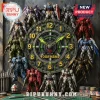 Gundam themed wall clock featuring eleven miniature mecha robot figures, yellow numbers, and customizable center text.!