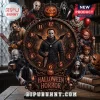 Halloween Horror Movie Icons Acrylic Wall Clock featuring Michael Myers, Jason Voorhees, and Pennywise in dark brown.
