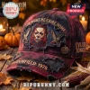 Halloween Michael Myers Haddonfield Distressed Baseball Cap with horror movie graphics, text embroidery, and worn finish.