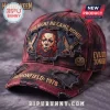 Halloween Michael Myers Haddonfield Distressed Baseball Cap with embroidered horror movie imagery and frayed red fabric.