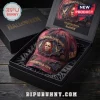 Halloween Michael Myers Haddonfield Distressed Baseball Cap featuring red and black tie-dye fabric and horror movie graphics.