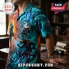 Halo 25th anniversary button-down shirt featuring Master Chief, Cortana, and Covenant elites in teal and orange hues.!