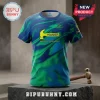 Blue and green marble pattern t-shirt with a yellow hammer logo, Fallout text, and Nothing Hits Like A Hammer quote.!