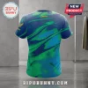Short-sleeve t-shirt with blue and green marble pattern, Coolwick branding on back and sleeve, gray interior background.!