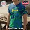 Blue and green marbled t-shirt featuring a yellow hammer graphic and Fallout text logo on a wooden workbench background.!