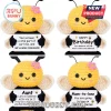 Four crochet bee plushies featuring yellow heads, black bodies, pink flower pins, and white boards with various messages.!