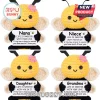 Four yellow and black crochet bee plushies with white signs printed with Nana, Niece, Daughter, and Grandma sentiments.!