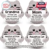 Four gray crocheted yarn cats holding white signs with personalized positive affirmations and family-themed text.!