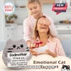 Grey crochet cat plush holding a card that reads Godmother I love you meow and forever in a home kitchen setting.!