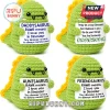 Four green and yellow crocheted dinosaur plushies holding white signs with personalized family and friend messages.!