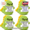 Four green crochet dinosaur plushies with yellow spines holding signs saying Grandmasaurus, Grandpasaurus, and Mommysaurus.!