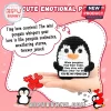 Small black and white crocheted penguin holding a sign that reads, When penguins find their mate, they stay together.!