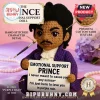 Crocheted Prince doll in purple coat holding a sign with song lyrics on a pink background with pearl accents.!