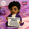 Prince musician crochet doll in purple jacket holding a sign reading Emotional Support Prince and Dearly beloved lyrics.!
