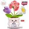 Crochet potted flowers in purple, pink, and white held by a smiling cream-colored yarn pot with a Mom I Love You sign.!