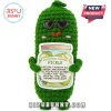 Green crochet pickle plush wearing black heart-shaped sunglasses holding an Emotional Support Pickle sign on white background.!
