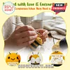 Crochet bee plush toy with black and yellow yarn, white wings, and an encouraging printed card labeled Positive Bee.!